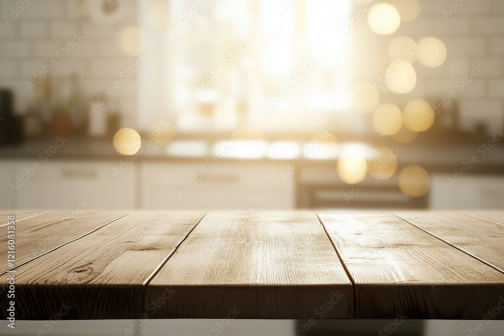 Wall mural Wooden table, kitchen background, sunlight, bokeh, product display (3)