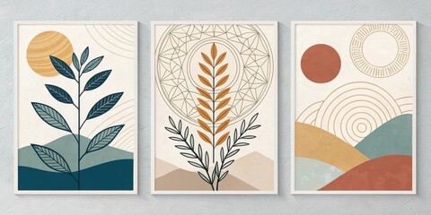 A Trio of Abstract Botanical Wall Art Prints Featuring Minimalist Landscapes and Geometric Sun Motifs