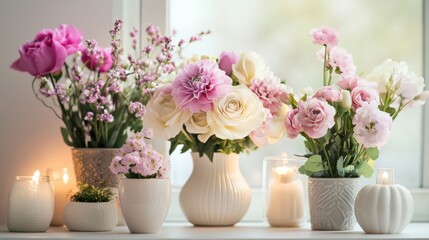 Elegant Pink and White Flower Arrangement with Candles on Windowsill