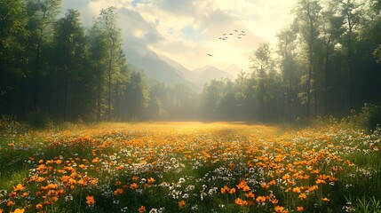Sunlit meadow, mountain valley, wildflowers, birds, sunrise, idyllic, nature, peaceful, scenic, poster