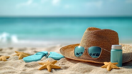 A flat lay, vertical arrangement of summer beach essentials including sunscreen, a straw hat, sunglasses, and flip flops on a sandy textured background, showcasing sun protection and holiday vibes