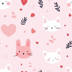 Cute Pattern with Cats, Bunnies, Hearts, and Floral Elements