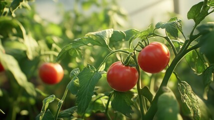 Ripe Red Tomatoes Growing on Vine in Greenhouse Organic Farming Healthy Food