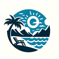 Obraz premium Mountain Beach Silhouette Logo | Adventure Travel Emblem, Scenic Landscape Icon, Tropical Coastline with Mountains and Sunset Design for Outdoor Branding