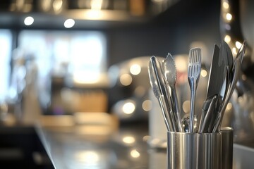 Restaurant kitchen utensils in holder, blurred background