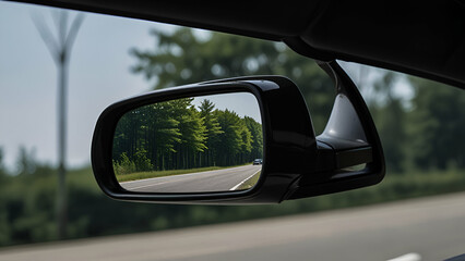 Forged carbon side mirror of modern sports car reflecting road and trees on a driving journey.