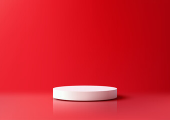 3D White Podium Against Red Backdrop, Perfect for Product Displays, Mockups, and Presentations
