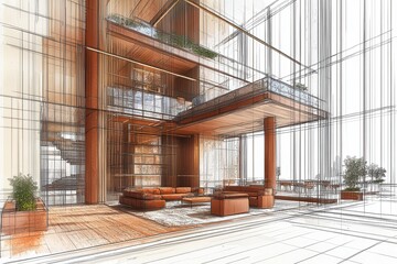 Obraz premium Architectural Design Sketch Modern House Interior Living Space Multilevel