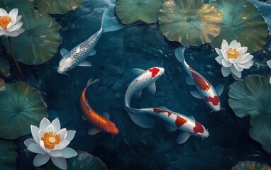 Koi fish swim peacefully among lily pads and blooming white water lilies in a dark pond