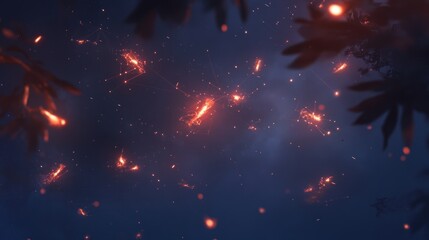 Glowing Embers Network Night Sky Silhouette Leaves