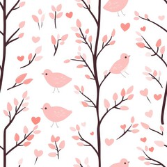 Gentle Pink Bird and Floral Pattern on White Background
