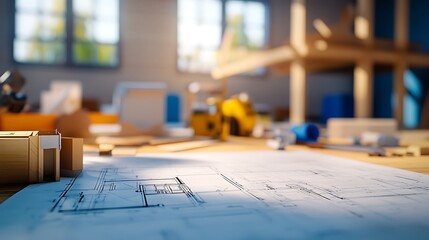 architect desk with blueprint rolls and measuring tape