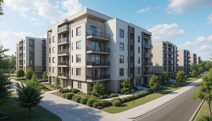 Modern Apartment Complex with Lush Landscaping and Walkways, Sunny Day, Residential Architecture