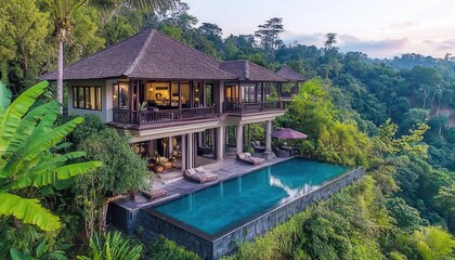 Naklejka premium Luxury Villa with Infinity Pool Overlooking Lush Green Valley in Bali