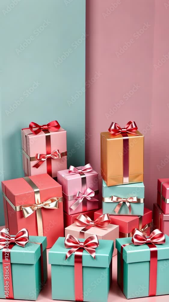 Aufkleber A stack of colorful boxes with pink bows on them. The boxes are of different sizes and colors