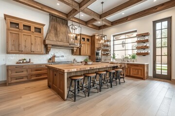 Rustic kitchen island, wood beams, Arizona home, outdoor view, real estate listing