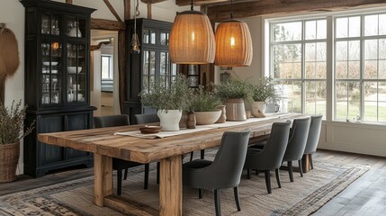 A large wooden dining table is surrounded by chairs and potted plants. The table is set for a dinner party, with a white tablecloth and a vase of flowers in the center. The room has a warm
