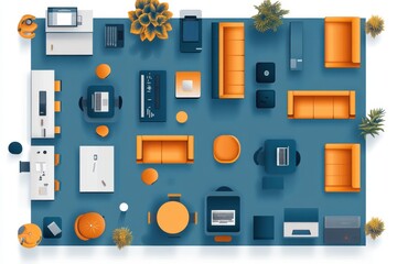 Fototapeta premium Modern Office Space Design Top View: A Bird's-Eye Perspective of a Stylish and Functional Workspace