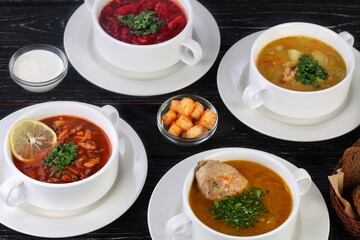 Assorted borscht, pea soup, solyanka and chicken soup