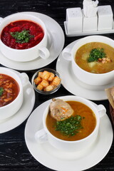Assorted borscht, pea soup, solyanka and chicken soup
