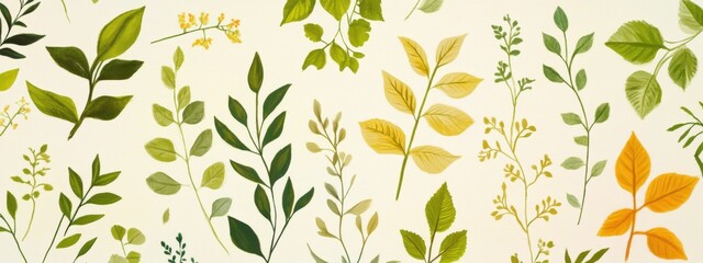 Fototapeta premium Watercolor Botanical Illustration Green and Yellow Leaves Branches and Floral Elements