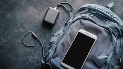 A smartphone rests on a backpack next to a charger, suggesting travel or outdoor activity.