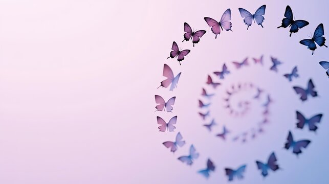 whimsical arrangement of butterfly silhouettes in pastel tones forming spiral on smooth lavender background
