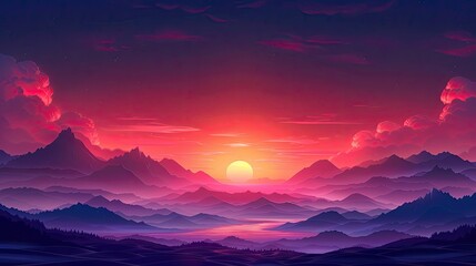 A vibrant sunset over layered mountains, showcasing rich colors and serene atmosphere.