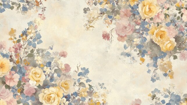 Elegant Watercolor Floral Design Pastel Roses Blue Flowers Vintage Background