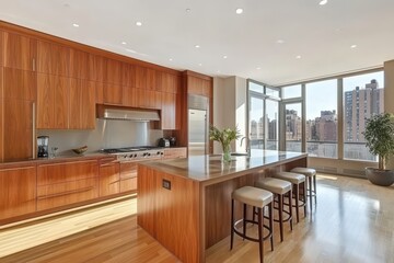 Luxury city apartment kitchen, sunlight, island, wood cabinets, view