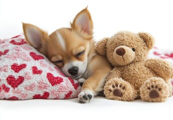 Adorable Sleeping Chihuahua Puppy Snuggled Next to Cute Teddy Bear on Cozy Blanket with Heart Patterns in Soft, Warm Colors Perfect for Pet Lovers and Family Themes