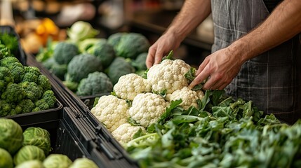 A green living scene a photo captures a mindful shopper selecting a fresh cauliflower amidst a sea of farm-fresh vegetables at an eco-friendly market, promoting healthy and sustainable choices