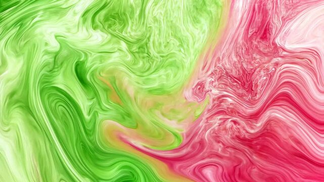 Colorful abstract swirls of green and pink blend together in a captivating artistic display with smooth fluidity and vibrant hues