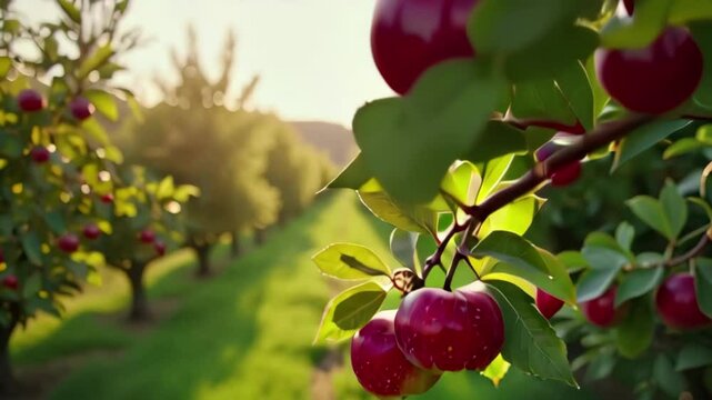 Vibrant Red s at Sunset: Lush Orchard Scene with Blurred Background