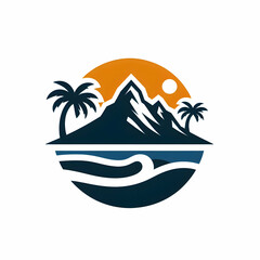 Mountain Beach Silhouette Logo | Adventure Travel Emblem, Scenic Landscape Icon, Tropical Coastline with Mountains and Sunset Design for Outdoor Branding