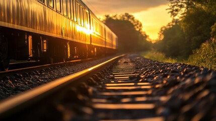 Obraz premium Golden hour train journey with sunlit tracks and serene landscape view