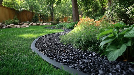 Lush garden path design residential backyard landscape photography natural setting eye-level view tranquil aesthetics