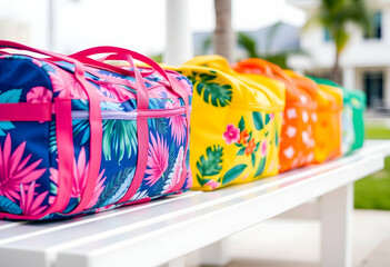 Colorful pencil cases, vibrant floral patterns, neon tropical designs, zippered pouches, school supplies, organized shelf display, blurred background, close-up photography, bright colors, pink, yellow