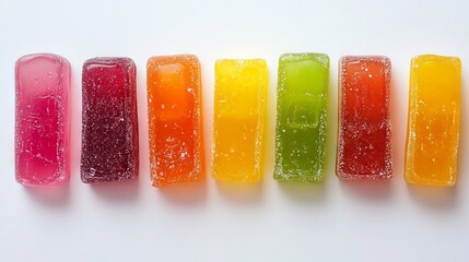 Colorful and Vibrant Candy Jelly Slices Arranged Neatly on a White Background Showcasing a Delicious Variety of Flavors and Textures for Culinary Inspiration