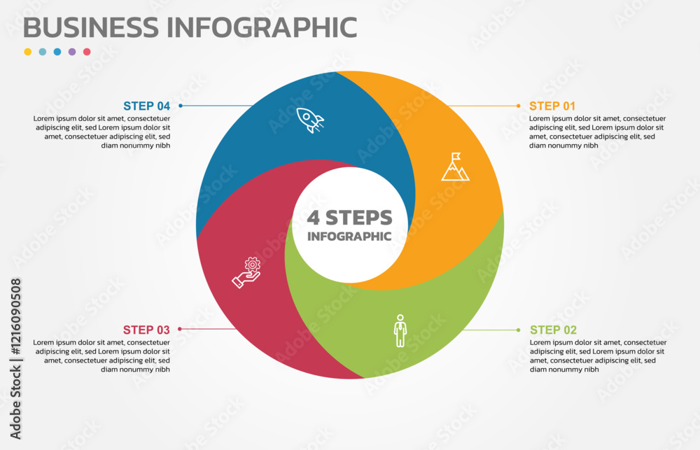 Poster Visual data presentation. Cycle diagram with 4 options. Pie Chart Circle infographic template with 4 steps, options, parts, segments. Business concept. Editable pie chart with sectors.