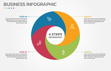 Visual data presentation. Cycle diagram with 4 options. Pie Chart Circle infographic template with 4 steps, options, parts, segments. Business concept. Editable pie chart with sectors.