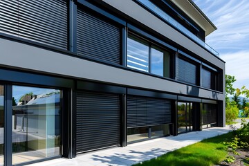 Modern building with big windows and black roller shutters