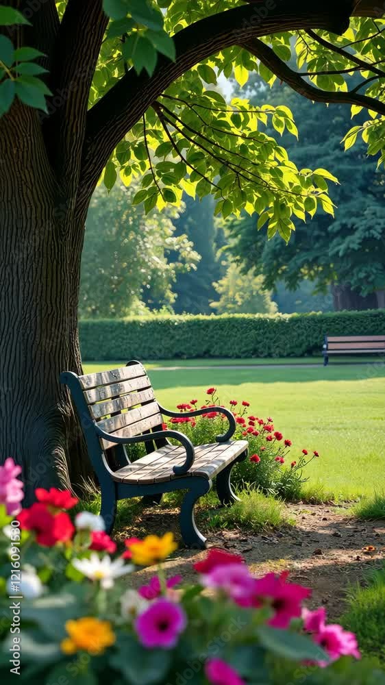 Poster A bench is in a park with a tree behind it. The bench is black and there are flowers in the background