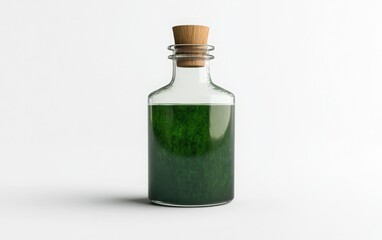 3D rendering of a green potion in a beaker with a wooden stopper on a white background. The beaker features a simple, clean design, and the green potion inside has a slightly foggy, mystical look. 