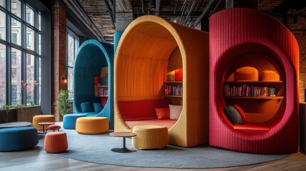 Cozy lounge areas with colorful design modern office space interior photography urban environment wide angle creative workspace