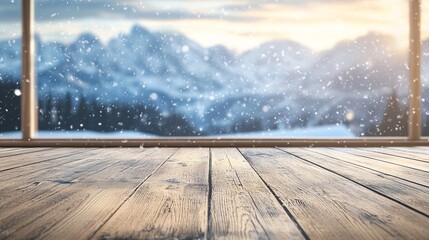 Beautiful Wooden Floor with Blurred Winter Mountain View Background