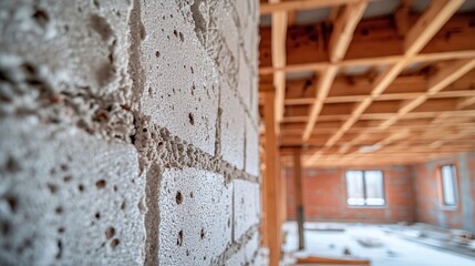 Close-up of polystyrene foam in unfinished house interior