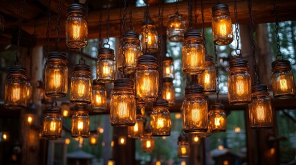 Obraz premium Illuminating evening gathering rustic outdoor venue decorative light fixtures warm ambiance close-up view cozy atmosphere