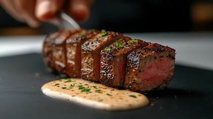 Sliced steak, gourmet sauce, close-up, restaurant, food photography
