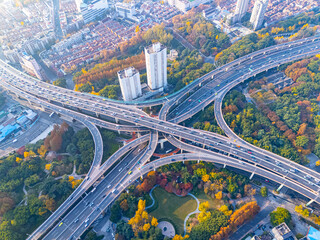aerial view of Overpass and City Traffic in Shanghai, China
